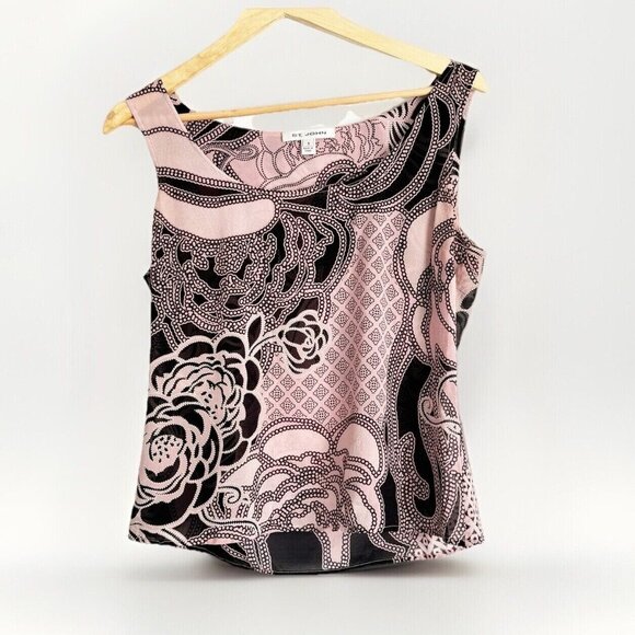 St. John Pink Black Floral Top Silk Blend Women’s Small Soft Girl Quiet Luxury - Picture 3 of 10